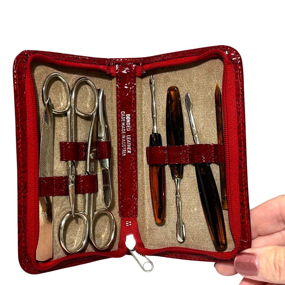 Vintage Manicure Set red leather zipper case travel size made in Austria